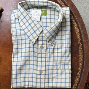 Orvis Men's Cream and Blue Checkered Shirt